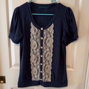 Anthropolgie VELVET brand Navy Blue Lace Button Accent TShirt